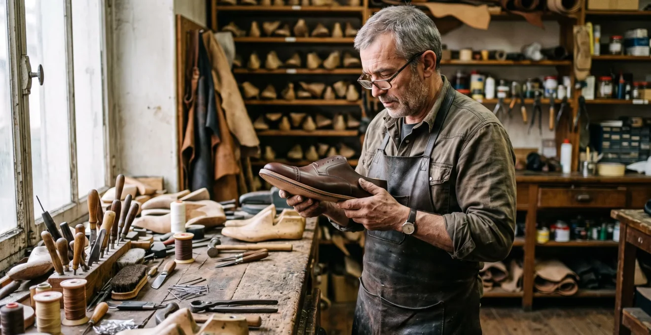 Un bottier français inspecte une chaussure en cuir marron à son établi dans un atelier de fabrication artisanale.