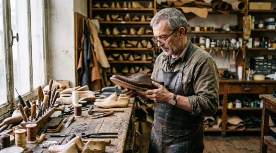 Un bottier français inspecte une chaussure en cuir marron à son établi dans un atelier de fabrication artisanale.