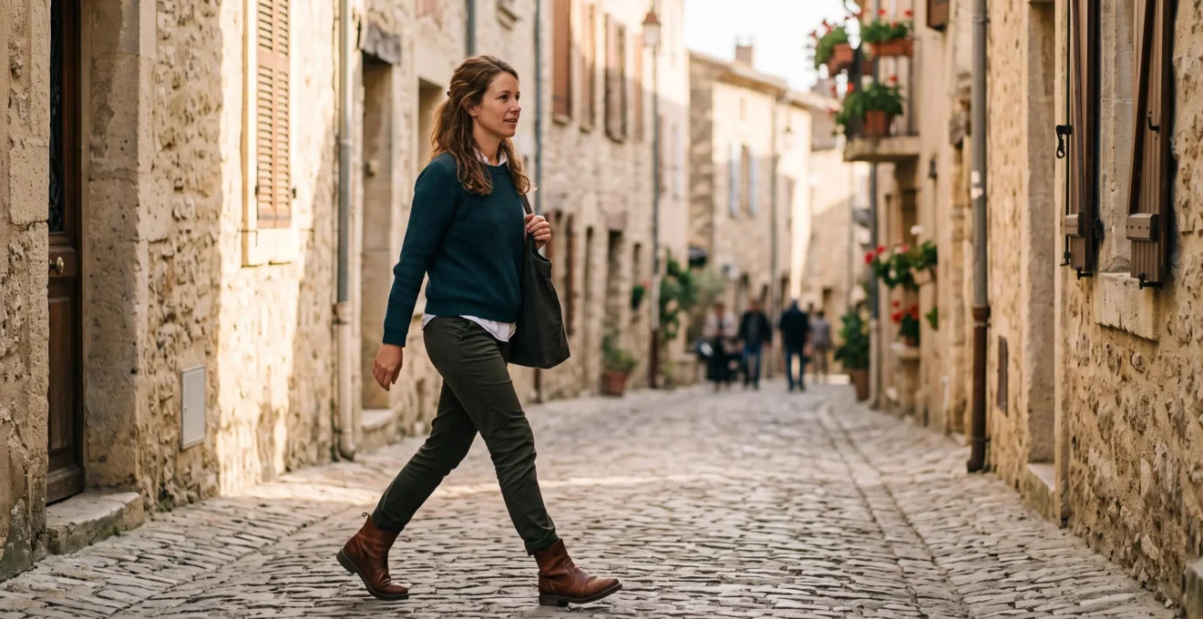 Une femme marche dans une rue pavée française portant des chaussures en cuir marron bien entretenues.