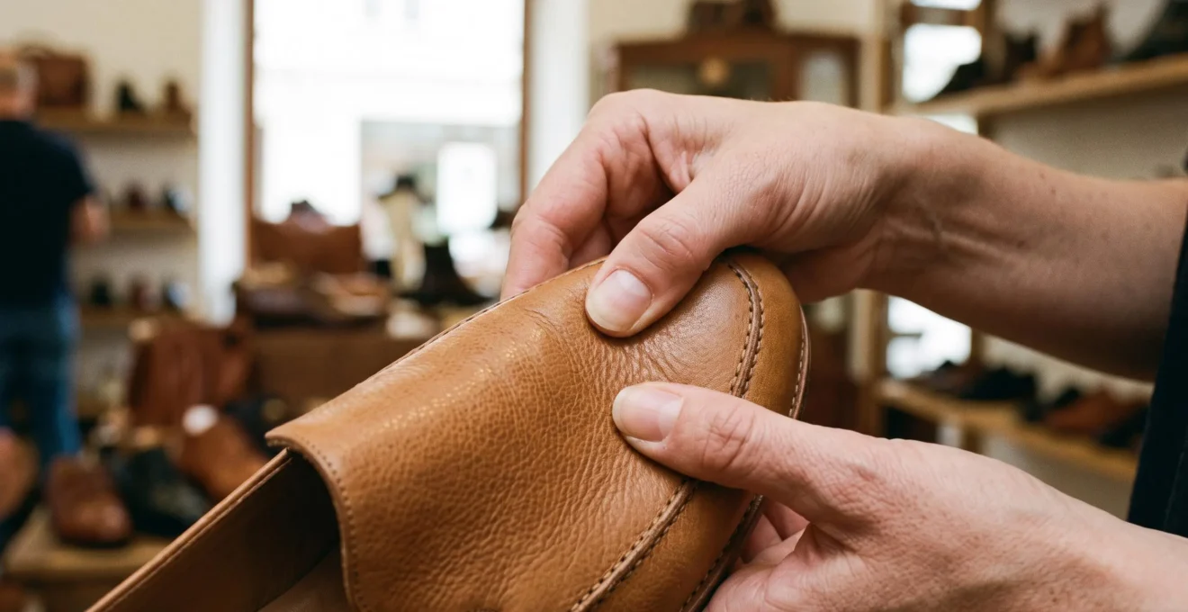 Mains examinant la texture du cuir d'une chaussure marron clair dans une boutique de chaussures.
